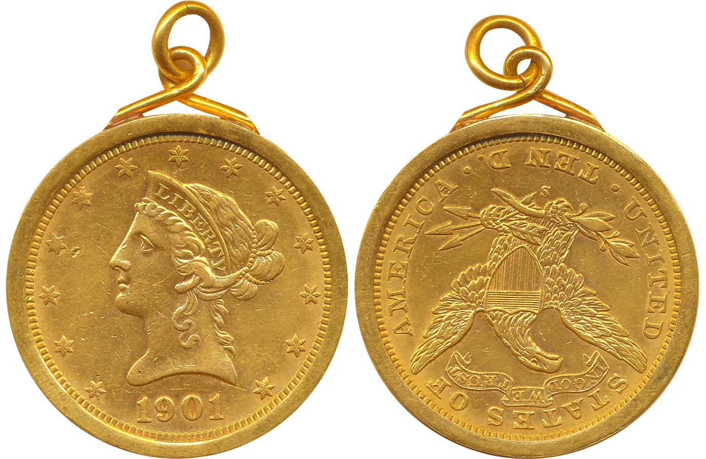 United State OF America, Gold, 10 Dollar, 21.65g, 1901, fitted in round ring with loop for