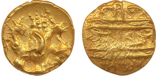 Vijaynagar, Achyutaraya, Gold, ½ Varaha, 1.69g, Obv: Mythical bird Gandabherunda moving to