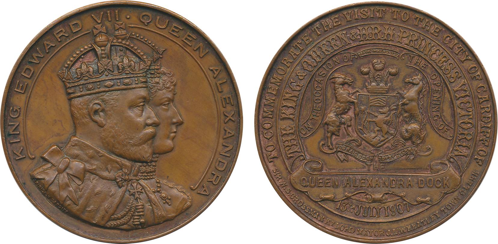 Edward VII, Royal Visit Copper Medal, 55.66g, 1907, Obv: Conjoined bust of Edward and Alex