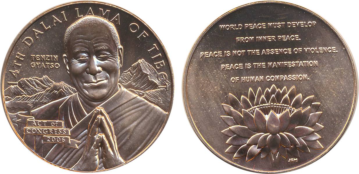 Congressional Copper Medal, “Dalai Lama Tenzin Gyatso”. Obv: Front facing portrait of Dala