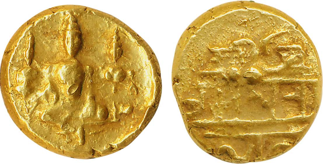 Vijaynagar, Tirumalaraya, Gold Varaha, 3.43g, Obv: Ram seated cross legged with Sita seate