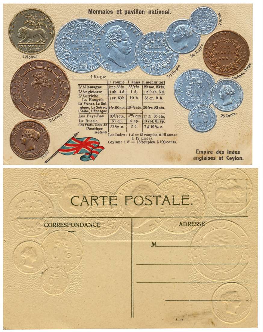 Embossed Postcards with impression of British India William and Victoria Rupee and Mohur &