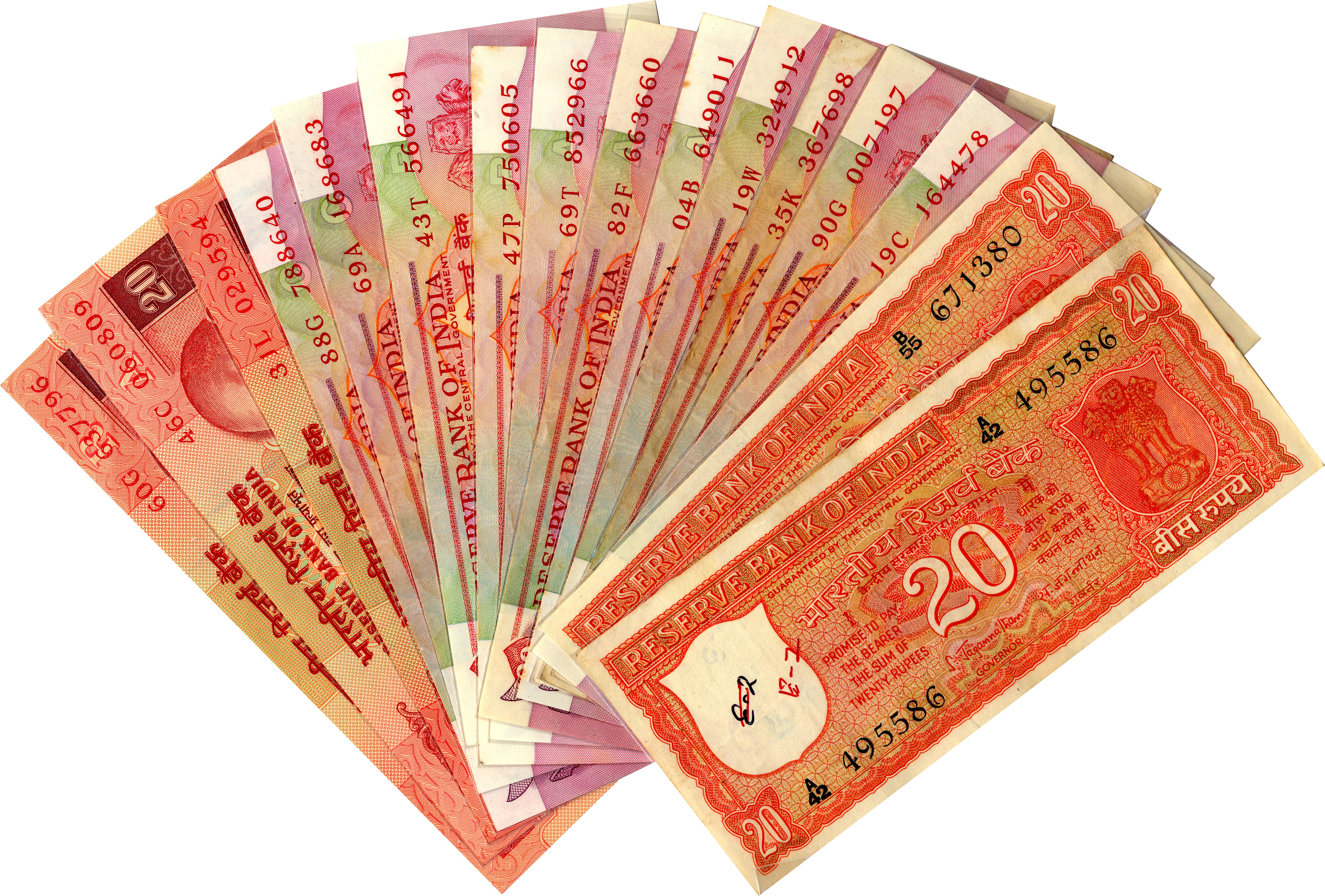 Rupees 20, Complete Set of 46 notes of all the issued types and varieties right from S Jag