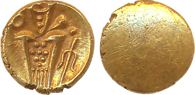 South India, Gold Fanam, g, “Kali” type, ‘Tuticorin’ / ‘scyphate’ variety, Stylised design