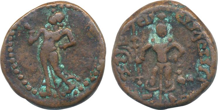 Yaudheya Janpad, Copper, 10.81g, Obv: Lord Karttikeya standing with Peacock, Brahmi legend