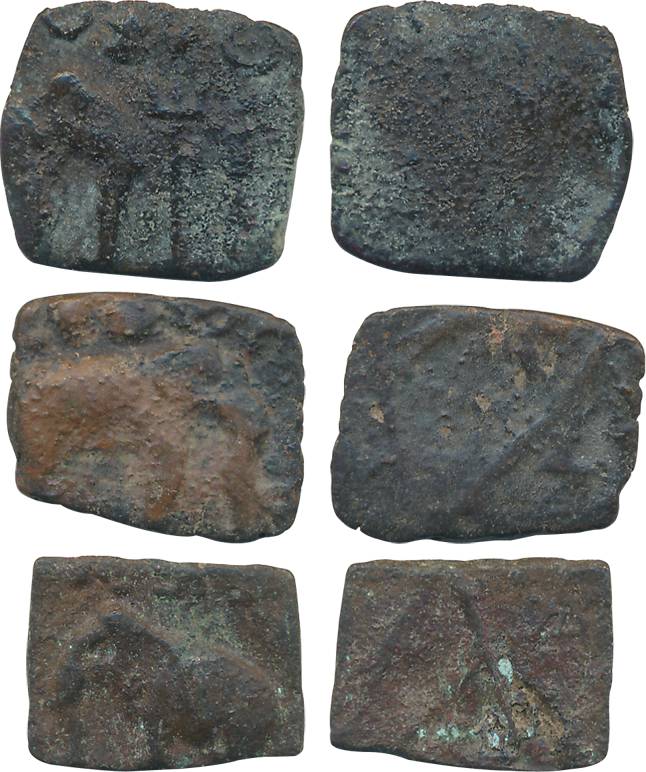 Sangam age Pandya, Copper (3), 1.72g, 2.56g, 2.65g, Obv: Elephant, Rev: Fish. Cleaned, fin