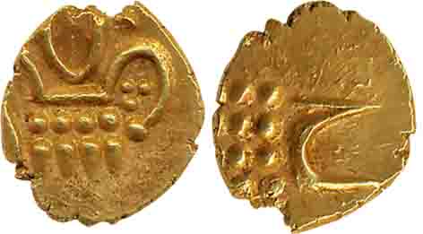 Haidar Ali, Gold Fanam, 0.54g, Obv: Crude figure of Lion to right, Rev: Persian “He” for H