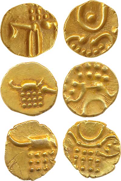 Vira Raya, Gold Fanam (3), 37g, 0.38g, 0.39g. Very fine to very fine+. 3 coins.