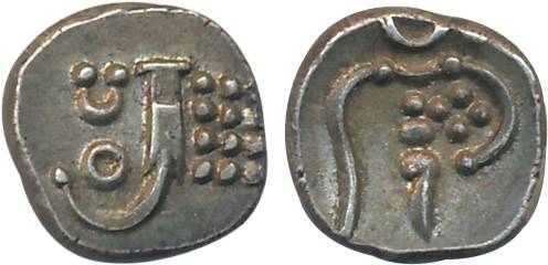 Silver, 2 Puttuns, 1.09g, Obv: Sun & Moon above lazy J & dots, Rev: Conch shell (KM# 1). V