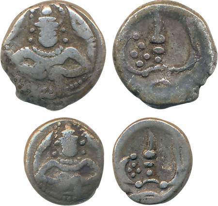 Silver( 2), 2 Puttuns & Puttun, 1.01g, 0.52g, Obv: Shiva seated, Rev: Conch Shell (KM# 6, 