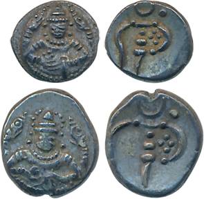 Silver (2), 2 Puttuns & Puttun, 1.09g, 0.55g, Obv: Shiva seated, Rev: Conch Shell (KM# 6, 