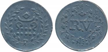 Rama Varma IV, Silver Velli Fanam, 1.49g, Obv: Large “R.V.” in wreath, Rev: Value within w