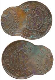 Rama Varma VI, Copper, 4 Cash, Error, Obv: RV monogram, Rev: Conch (Shankha) (KM# 47). Abo