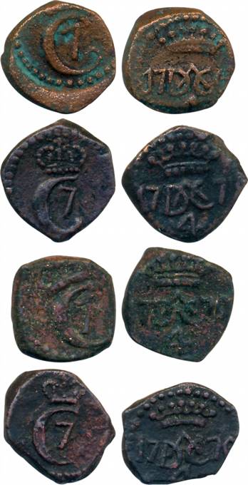 Christian VII, Copper, 4 Cash (4), 177X. Very fine, scarce. 4 coins.