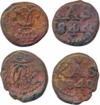 Christian VIII, Copper, 4 Cash (2), 2.28g, 2.36g, 1840 & 1844, Crowned monogram on obv (KM