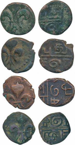 Pondicherry, Copper Doudou (4), Obv: Fleur- de-lis, Rev: Tamil legend (KM# 35). Fine to ve