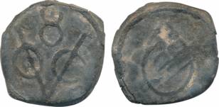 Tin Bazaruk, 1.33g, Obv: 8/ VOC monogram, Rev: Oval shield (KM# 3). Patinated, extremely f
