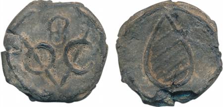 Tin Bazaruk, 1.51g, Obv: 8/ VOC monogram, Rev: Oval shield (KM# 3). Patinated, extremely f