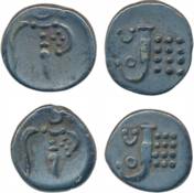 Silver Fanam (2), 1.07g, 1.09g, Obv: Degenerated figure of Goddess Kali, Rev: “OC” above L