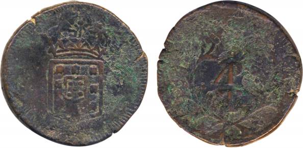 Goa, Miguel, Copper Tanga, Obv: Crowned arms, Rev: AP above T within sprays, (KM# 251). Ve
