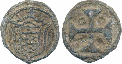 Diu, Maria I, Lead, 20 Bazarucos, 16.83g, 1800, Obv: Crude Crowned arms, Rev: Maltese cros