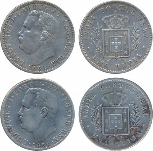 Luiz I, Silver Rupees (2), 1881 &1882, Obv: Bust to left, Rev: Crowned arms within sprays 