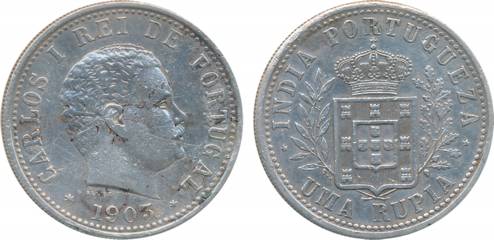Carlos I, Silver Rupia, 1903, Obv: Bust to right, Rev: Crowned arms within sprays (KM# 17)