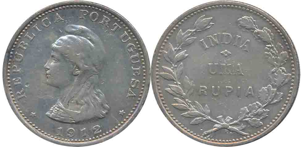 Silver, Uma Rupee, Obv: Liberty head to left, Date 1912, Rev: Denomination within wreath (