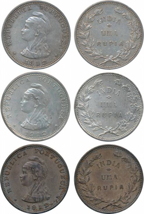 Silver, Uma Rupee (3), Obv: Liberty head to left, Date 1912, Rev: Denomination within wrea