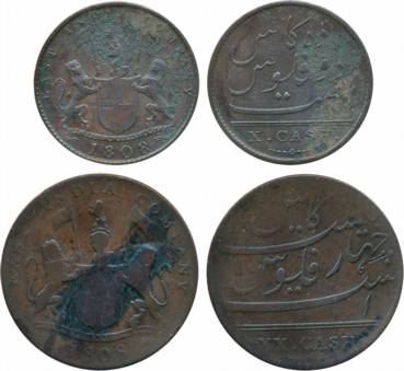 Copper (2), 20 & 10 Cash, 1808, Soho Mint, Obv: Arms with supporters date below, Rev: Valu