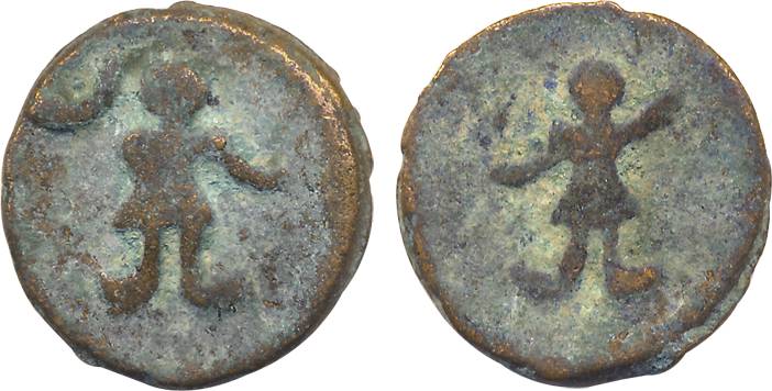 Puri Kushan, Copper, 7.17g, Obv: Man standing, crescent above, Rev: Man standing. Patinate