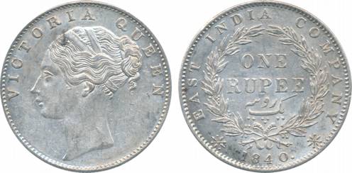 Victoria Queen, Silver Rupee, Indian Head, 1840, 35 berries. About uncirculated, rare.