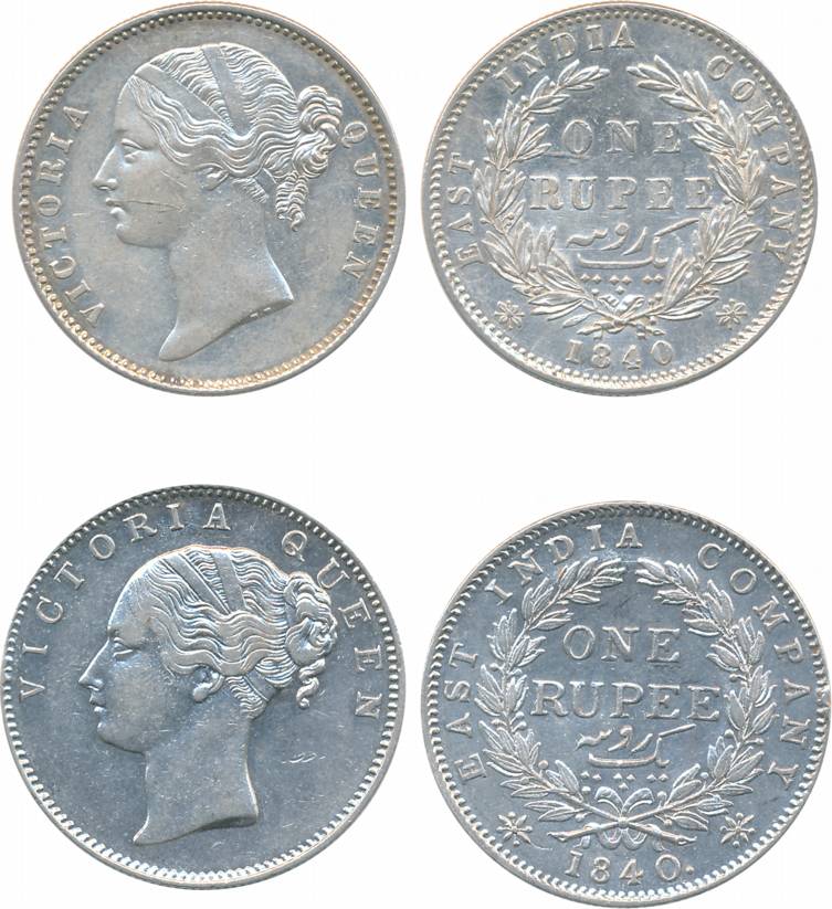 Victoria Queen, Silver, Rupees (2), 1840, Divided Legend, WW raise & Continuous Legend. Ve