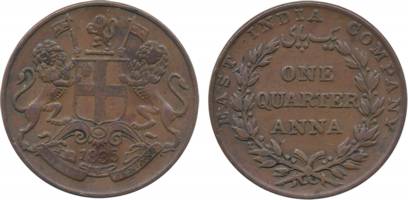 Copper ¼ Anna, inverted 6 O’clock, 1835. Extremely fine, scarce.