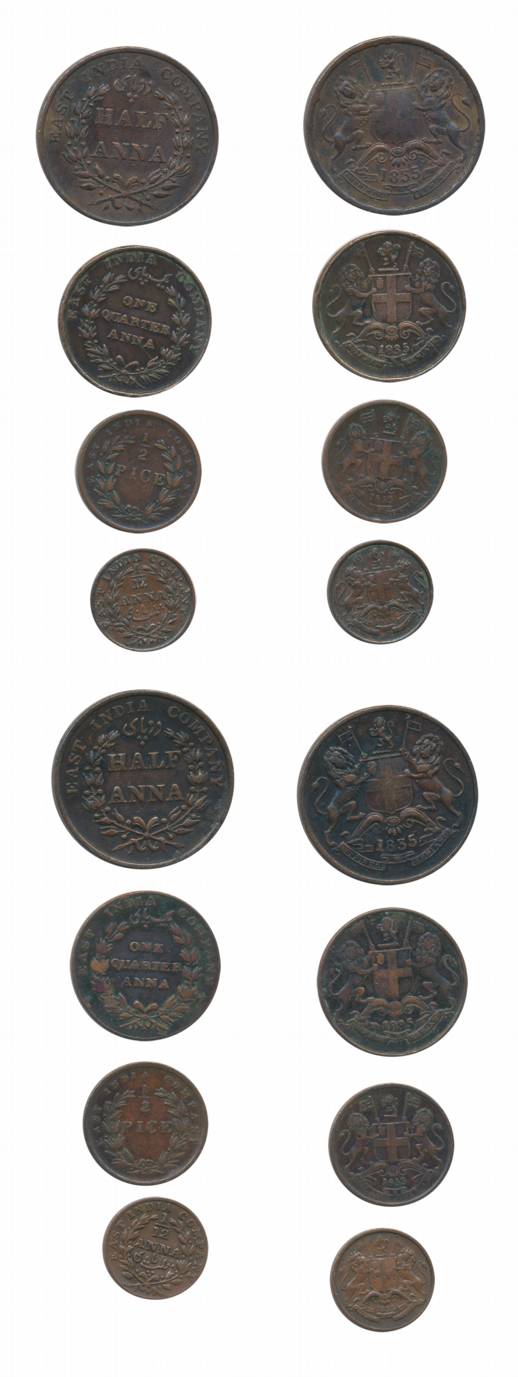 Copper (8), ½ Anna (2), 1835, ¼ Anna (2), 1835, ½ Pice (2), 1853, 1/12 Anna (2), 1835. Ver