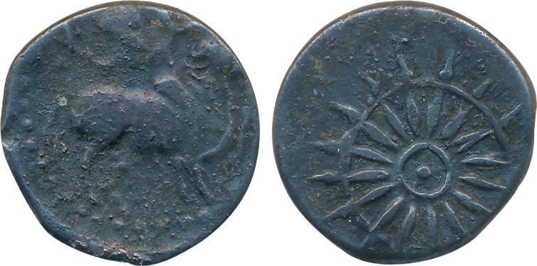 Pallavas of Kanchi, Potin, 6.47g, Obv: Bull standing to right, Rev: Chakra (Wheel). Very f