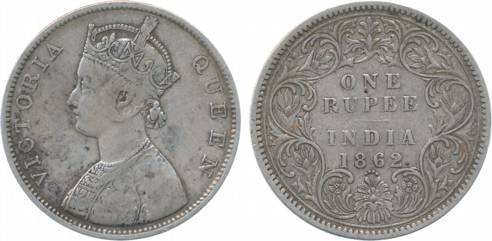 Victoria Queen, Silver Rupee, 1862, B/I/0/4. Very fine, scarce.