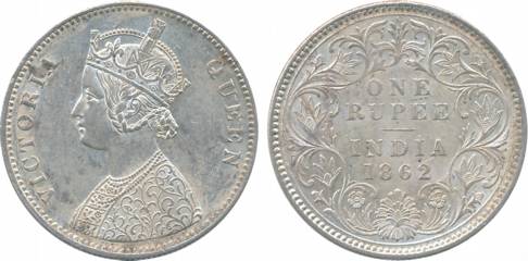 Victoria Queen, Silver Rupee, 1862, A/II/0/0. Extremely fine, rare.