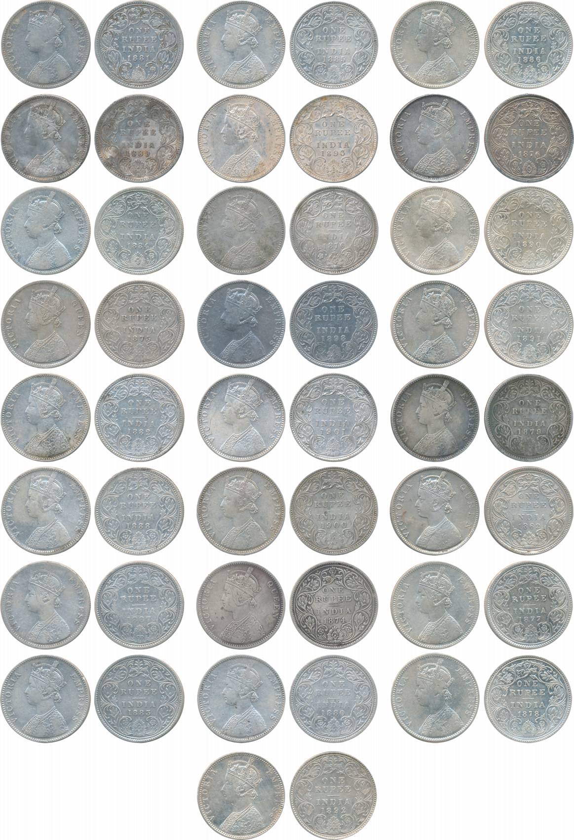 Victoria Queen & Empress, Silver, Rupees (25), Date wise complete set of all circulated co