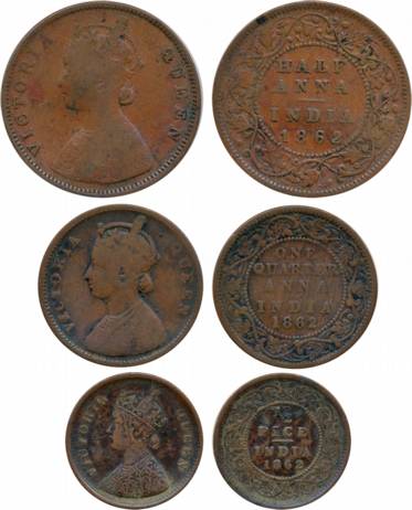 Victoria Queen, Copper (3), ½ Anna, ¼ Anna & ½ Pice, 1862. Fine to very fine. 3 coins.