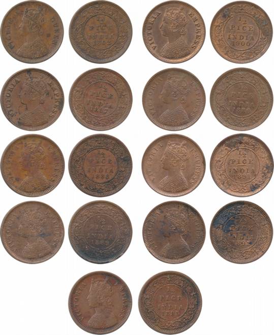 Victoria Queen, Copper ½ Pice (9), 1862, 1885, 1886, 1888, 1889, 1891, 1892, 1897 & 1900. 
