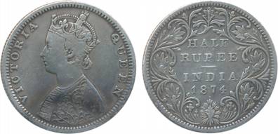 Victoria Queen, Silver, ½ Rupee, 1874. Very fine+, scarce.
