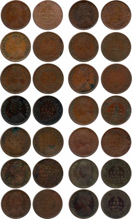 Victoria Empress, Copper, 1/12 Anna (14), 1875/76/77/83/86/87/90/91/92/93/95/98/99 & 1901.