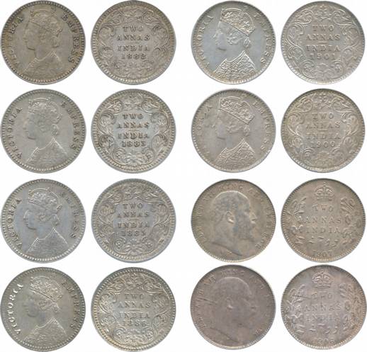 Victoria Empress, Silver, 1/8 Rupee (6), 1882, 1883, 1885, 1886, 1900 & 1901. Very fine+ t