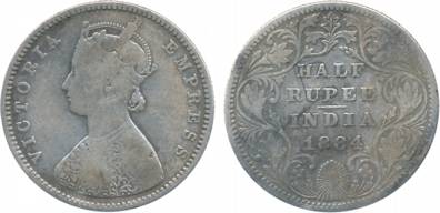 Victoria Empress, Silver, ½ Rupee, 1884. Fine.
