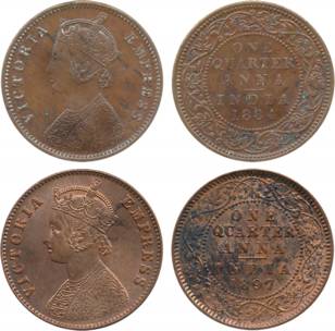 Victoria Empress, Copper ¼ Anna (2), 1884 & 1897. Very fine to extremely fine, scarce. 2 c