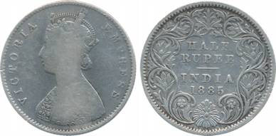 Victoria Empress, Silver, ½ Rupee, 1885, A/I, C incuse (Prid# 269). Very fine, rare.