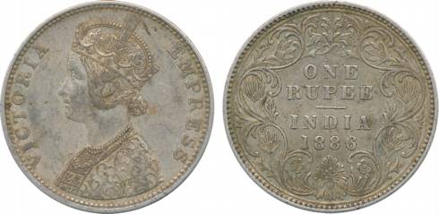 Victoria Empress, Silver, Rupee, 1886, C/I/ B Incuse. Very fine+, scarce.