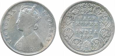 Victoria Empress, Silver, ½ Rupee, 1887, A/I, C incused (Prid# 271). Very fine, scarce.