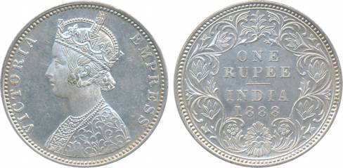 Victoria Empress, Silver, Rupee, 1888, B/I/ B Incuse. Extremely fine, scarce.